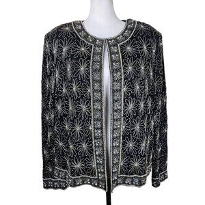 Vintage Papell Boutique Evening Beaded Sequin Jacket Sz 1X Silk Black Silver